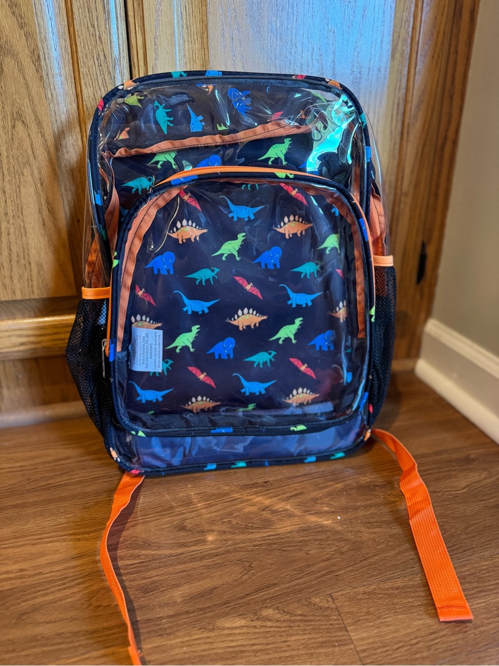 Kids Dinosaur Print Clear Backpack - Navy with Orange Trim- NEW, never used.